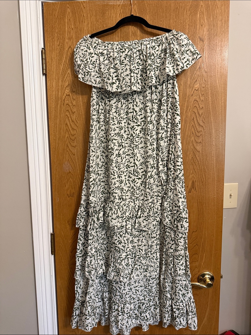 Strapless White Dress with Green Leaf Print